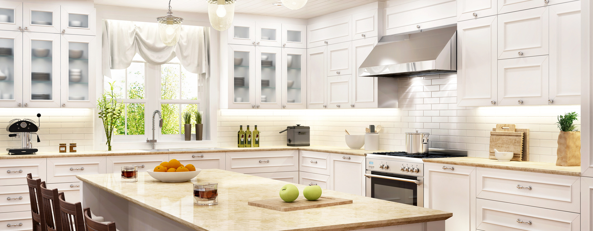 Luxury white kitchen with kitchen island