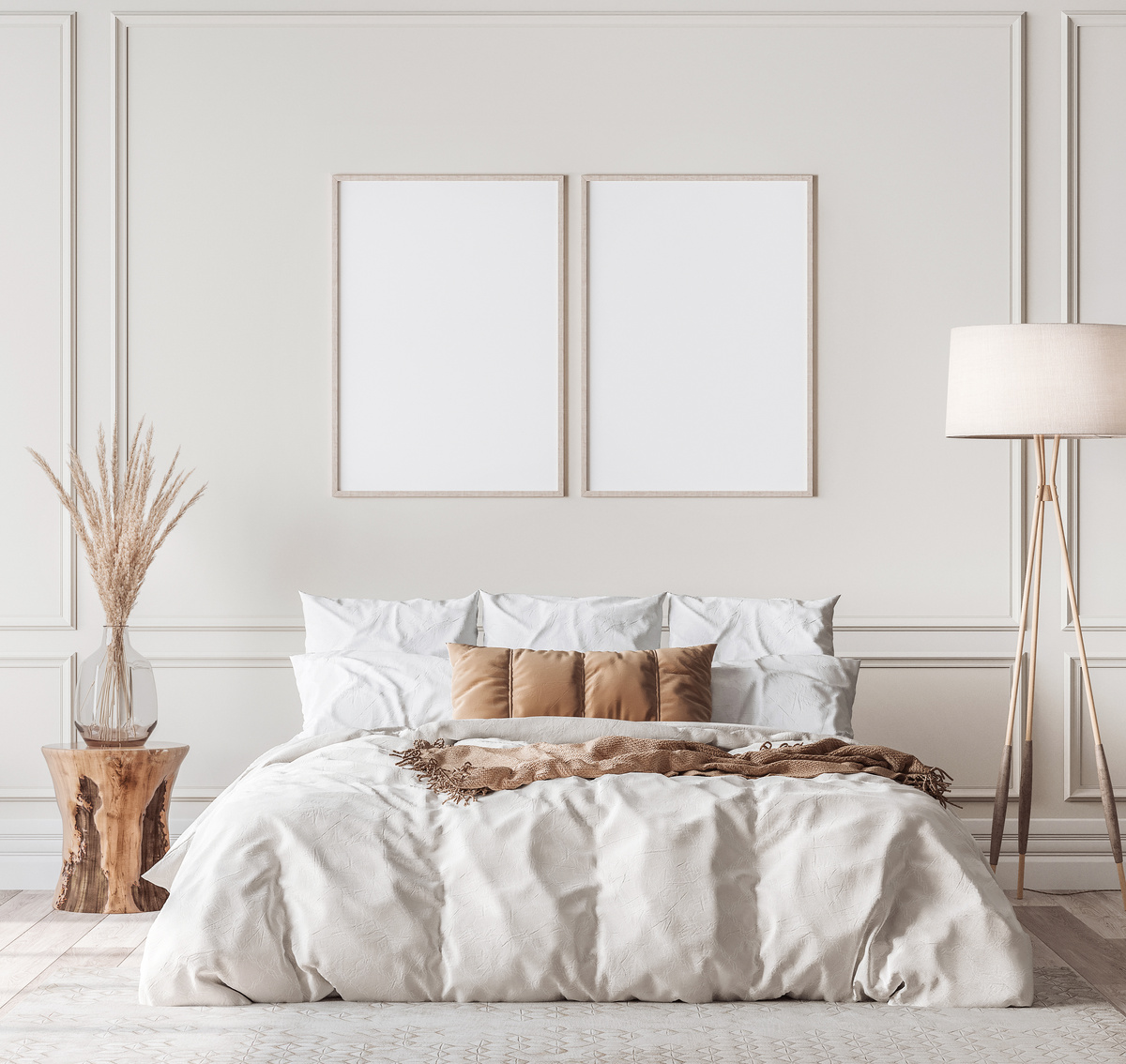Mockup frame in contemporary bedroom design, bight home decor